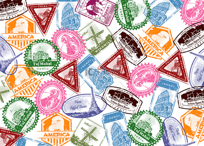 邮件商务背景图片_邮戳老式复古邮票彩色标签无缝背景