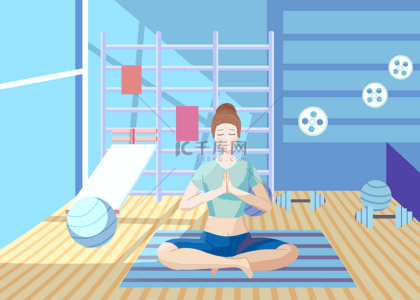 蓝色女性背景图片_健身房女性瑜伽运动卡通风格背景