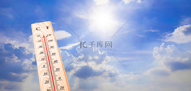 天气热了背景图片_高温温度计太阳蓝色简约合成摄影背景