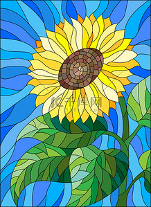 在彩色玻璃风格花向日葵在蓝色背景上的插图