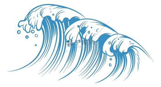 冲浪蓝色墨水风格的大水潮孤立在白色背景上冲浪蓝色墨水风格的大水潮