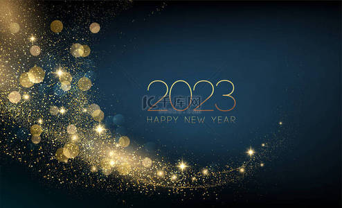 2023新年快乐，带着抽象闪亮的金色涡旋设计元素和深色背景下的闪光效果。圆框日历，招贴画设计