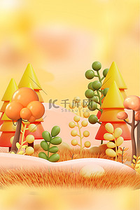果蔬丰收园背景图片_秋天3D场景橙黄色立体背景