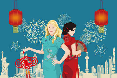 身着中国传统服装（气宝）的年轻的高加索和亚洲妇女庆祝农历新年