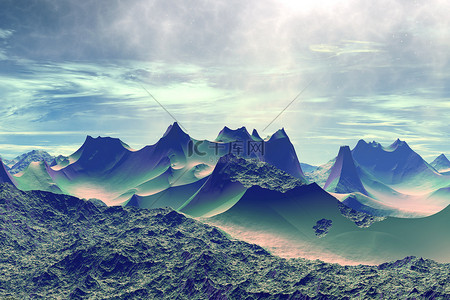 宇宙岩石背景图片_3d 渲染的幻想外星人的星球。岩石和天空 