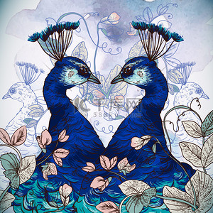 蓝色饰品背景背景图片_孔雀を持つ花の背景