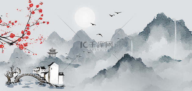 中灰色背景图背景图片_中国风水墨山水灰色水墨大气背景