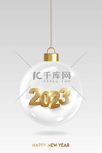 Happy new year 2023. Golden 3D numbers in a transparent shiny Christmas ball with snow on a white background. Holiday greeting card design.