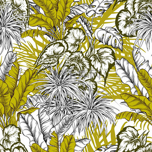 Seamless pattern with green tropical plants and banana leaves.