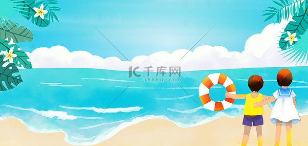 夏天大海沙滩背景背景图片_夏天沙滩蓝色简约背景