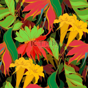 棕榈花背景图片_矢量棕榈滩树叶丛林植物花。黑白雕刻艺术。无缝背景模式.