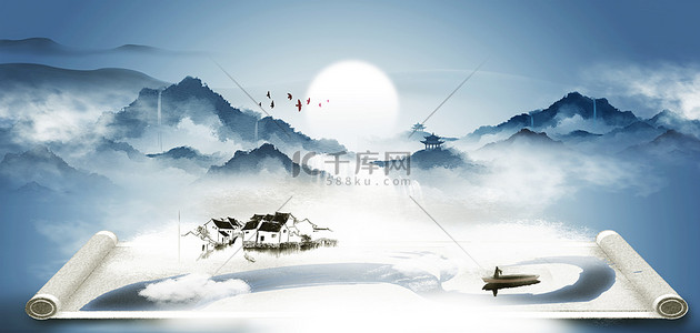房产背景背景图片_房地产山蓝色中国风背景
