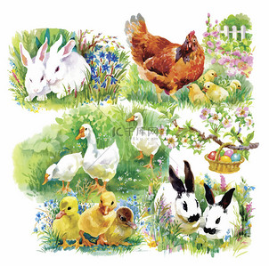 小毛茸茸可爱水彩小鸭子、 鸡和鸡蛋无缝型白色背景上的野兔矢量图