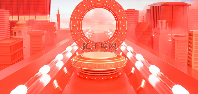 年货节大促海报背景图片_C4D海报舞台红色卡通电商banner