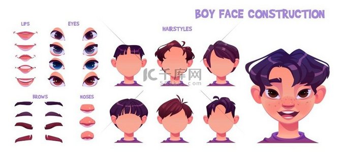 男孩面部构造儿童头像创建头部部分隔离在白色背景上卡通套装的亚洲儿童面部生成器包括眼睛鼻子发型眉毛和嘴唇男孩脸构建亚洲儿童头像创建