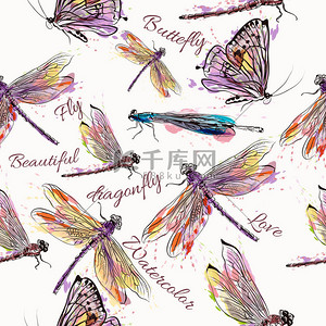 蜻蜓矢量背景图片_时尚矢量无缝模式与粉彩蜻蜓和黄油