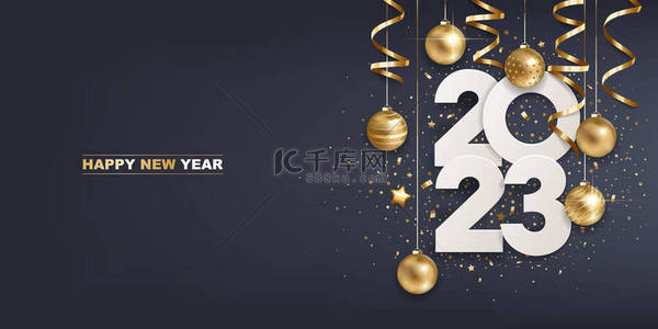 golden背景图片_Happy new year 2023. White paper numbers with golden Christmas decoration and confetti on  dark blue background. Holiday greeting card design.