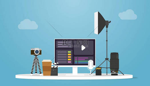 平面矢量背景图片_视频制作概念与相机和工具产品的现代平面矢量插图