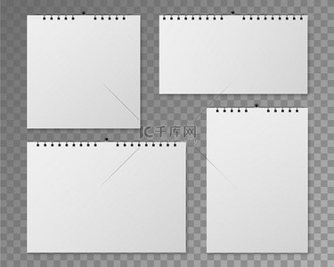 挂历实物模型不同尺寸的空白螺旋日历白皮书页前视图活动组织者日计划日期矢量模板设置在透明背景上挂历实物模型不同尺寸的空白日历白皮书页面