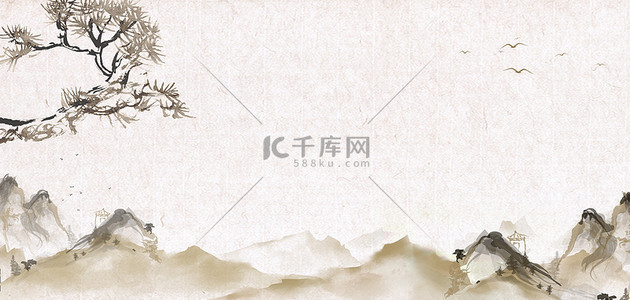 水墨松树背景图片_水墨山水松树水墨中国风复古海报背景