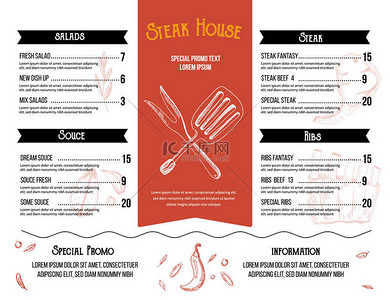 牛排菜单设计。烧烤烧烤海报与素描图标。烧烤咖啡厅设计