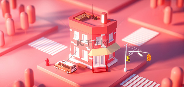 立体创意c4d背景图片_创意卡通城市建筑粉色立体C4D背景