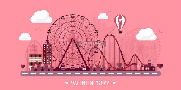 day背景图片_Vector illustration. Valentines day. Love. 14 february. Park. Ferris wheel. Roller coaster.