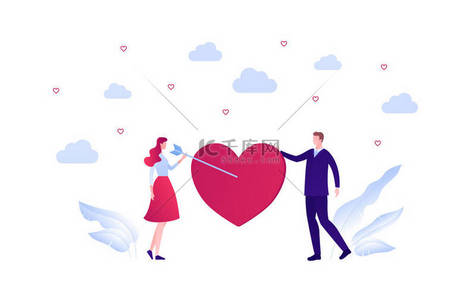 arrow左背景图片_Love relatioship concept. Vector flat person modern illustration. Couple of male and female hit red heart with arrow isolated on white background. Design element for valentine holiday banner, poster.