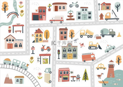vector背景图片_Cute town map. Hand drawn vector illustration for nursery