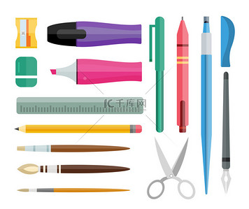 商务蓝色背景办公背景图片_Flat stationery and drawing tools, pen set