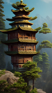 中国风建筑房子松树风景场景