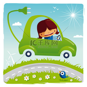 环境污染卡通背景图片_绿色电动汽车