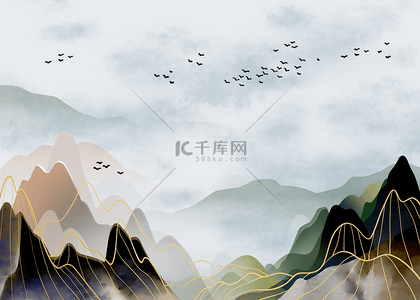 绿色夏季海报背景图片_白云飞鸟山脉山水质感背景