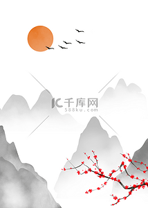 新中式图背景图片_落日山峰与飞鸟山水水墨背景