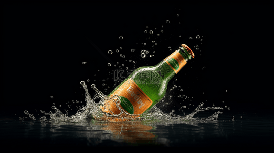 喷洒背景图片_一瓶啤酒被喷洒在水中创意背景