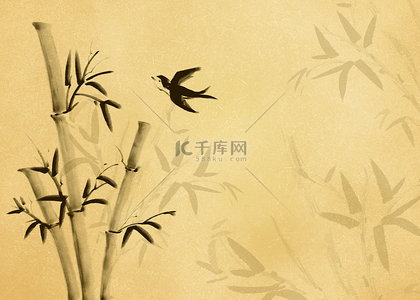 竹子水墨风格飞鸟植物背景