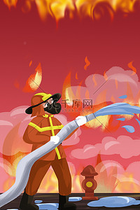 消防员灭火背景图片_消防火焰红色卡通背景