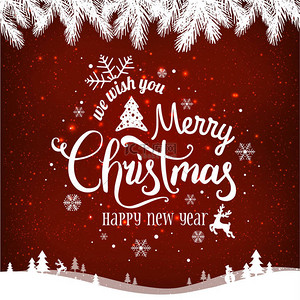 红色圣诞雪花背景背景图片_圣诞节和新年印刷在红色背景与冬季景观与雪花, 光, 星。圣诞贺卡.