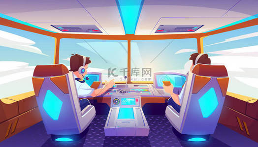 飞机驾驶舱飞行员，带控制面板的喷气式飞机