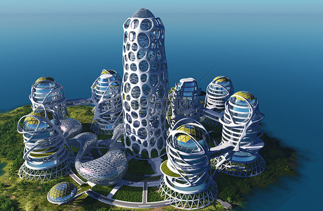元宇宙城市背景图片_未来的海岸城市3D渲染