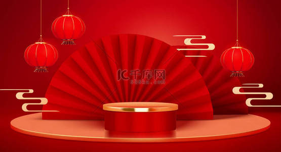 吸引人的CNY东方风格红色背景与纸扇和圆形讲台，3D插图模板