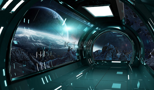 太空飞船内部与行星 3d 渲染元素的观