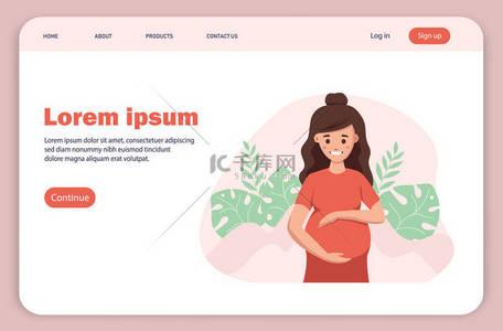 怀孕背景图片_登陆页面，孕妇。可爱的孕妇爱抚着她的肚子。以可爱的卡通风格，保健，怀孕的病媒图解。保健概念