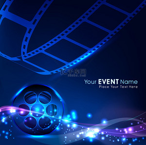 Illustration of a film stripe or film reel on shiny blue movie background. EPS 10