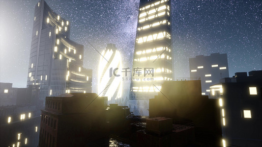 城市 skyscrapes 在晚上与银河星