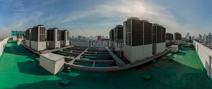 排气背景图片_工业空调排气口和通风装置。高层建筑顶部摩天大楼.