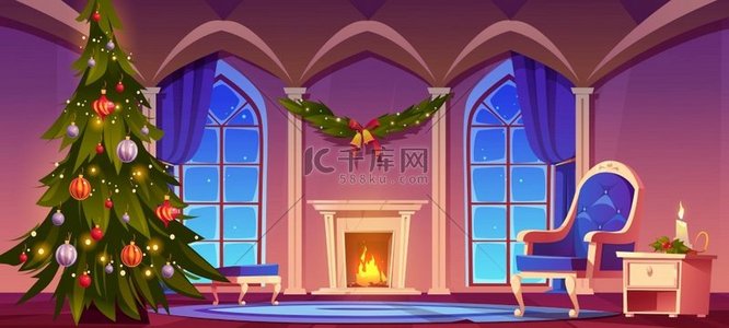 圣诞之夜的房间，空荡荡的室内装饰着燃烧的壁炉，装饰着玩具和发光花环的杉树，经典家具和大拱形窗户，圣诞前夜卡通矢量插图。
