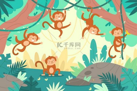 可爱的猴子在丛林中。