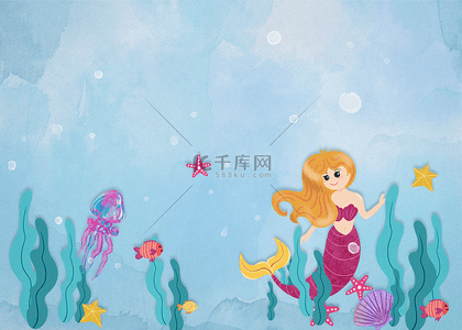 蓝色背景大图背景图片_海洋生物水彩蓝色渐变美人鱼背景