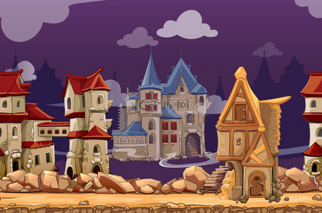 用户场景背景图片_Medieval city seamless landscape vector background for computer game